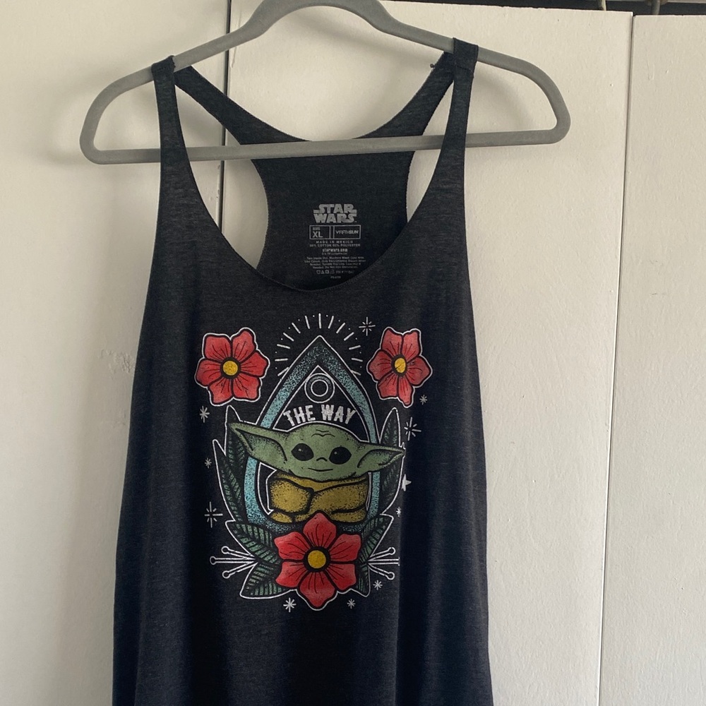 Star Wars Black Tank with Baby Yoda and Red Flowers